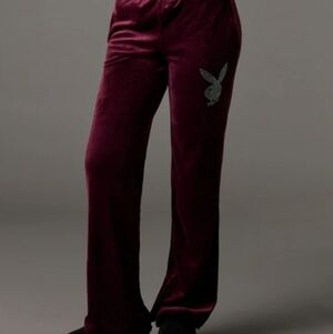 Velvet Burgundy Tracksuit Pants Playboy Rhinestone Velour Sweatpant